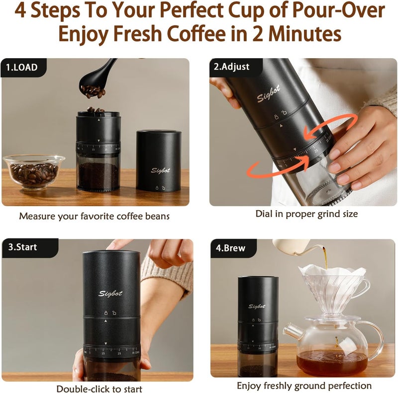 SIGBOT Portable Electric Coffee Grinder - 38 Grind Settings, Conical Burr & Black Stainless Steel Body, Rechargeable Mill for Espresso, Moka Pot, Turkish, Ideal for Camping and Travel - Image 4